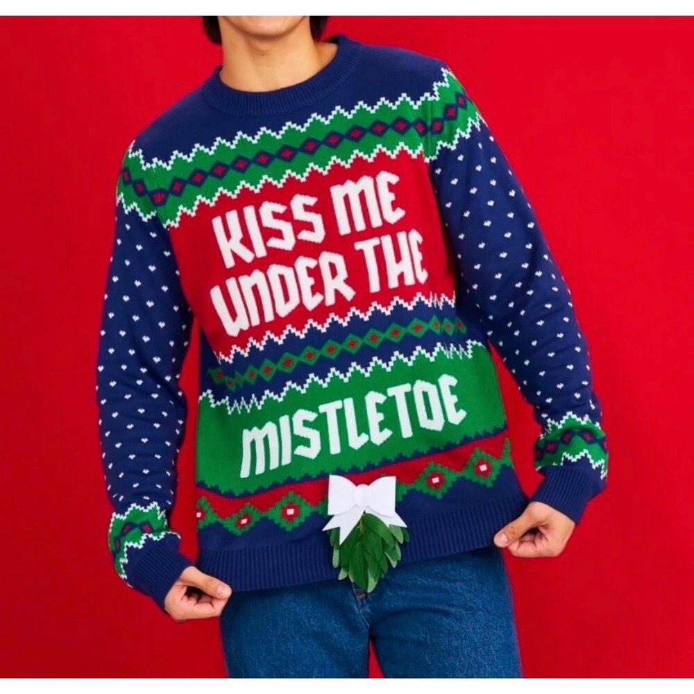 Tipsy Elves Mens Kiss Under the Mistletoe Ugly Christmas Sweater Blue Red Size M